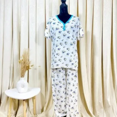 Pijama Femei, Marimi Mari, Tricou, Pantaloni Lungi, Alb/Galben/Albastru