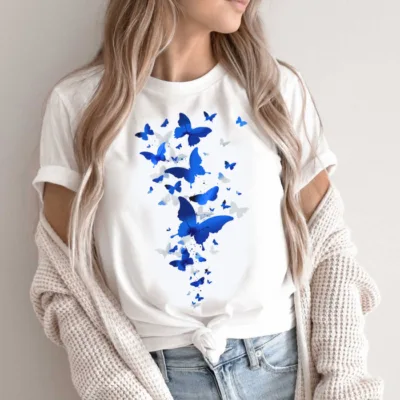 Tricou Femei, Bumbac, Blue butterfly, Alb