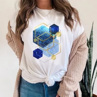 Tricou Femei, Bumbac, Blue Shapes, Alb