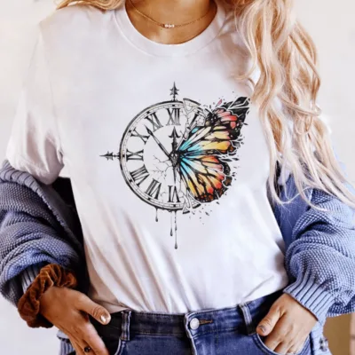 Tricou Femei, Bumbac, Butterfly Clock , Alb