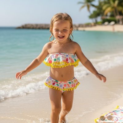 Costum de baie, Doua piese, Pentru Fetite, Galben/Alb