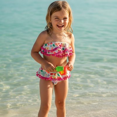 Costum de baie, Doua piese, Pentru Fetite, Roz/Alb