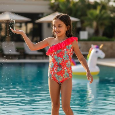 Costum de baie, Intreg, Pentru Fetite, Portocaliu/Multicolor