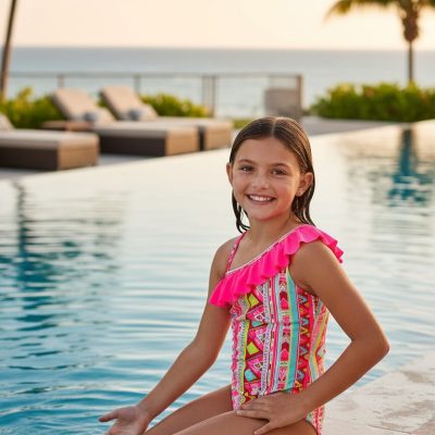 Costum de baie, Intreg, Pentru Fetite, Roz/Multicolor