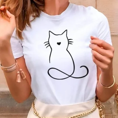 Tricou Femei, Bumbac, Drawing Cat, Alb