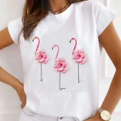 Tricou Femei, Bumbac, Flamingo Flowers, Alb