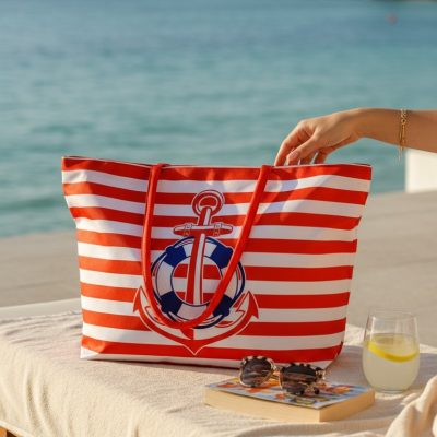 Geanta de plaja, Fashion, Ancora, Rosu/Alb