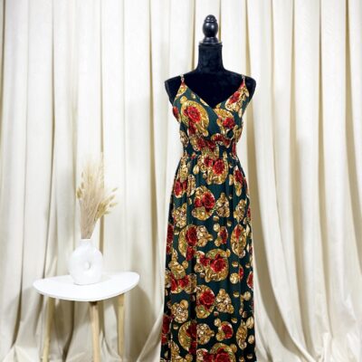 Rochie Dama, Lunga, Bretele, Trandafiri, Rosu/Verde