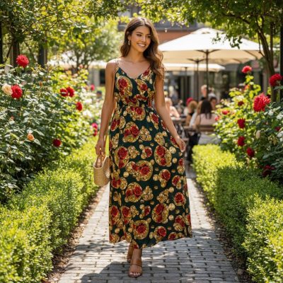 Rochie Dama, Lunga, Bretele, Trandafiri, Rosu/Verde