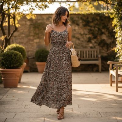 Rochie Dama, Lunga, Bretele, Flori Mici