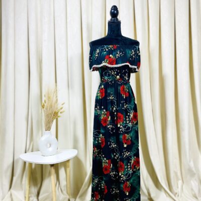 Rochie Dama, Lunga, Imprimeu Floral, Verde