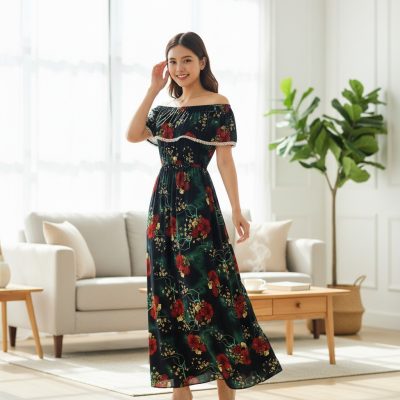 Rochie Dama, Lunga, Imprimeu Floral, Verde
