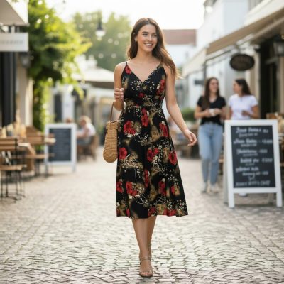 Rochie Dama, Midi, Bretele, Negru/Rosu