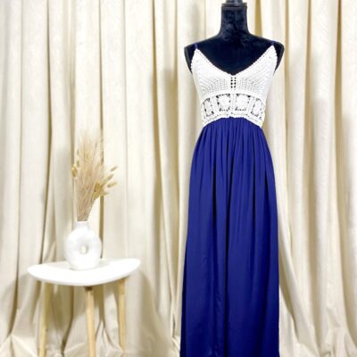 Rochie Dama, Lunga, Bretele, Bleumarin/Alb