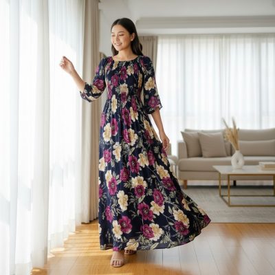Rochie Dama, Lunga, Imprimeu Floral, Bleumarin/Roz