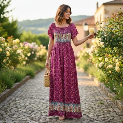 Rochie Dama, Lunga, Imprimeu Floral, Mov