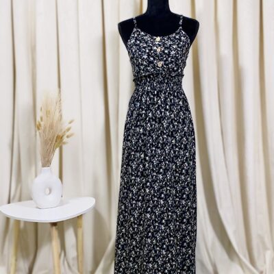 Rochie Dama, Lunga, Bretele, Floricele, Negru