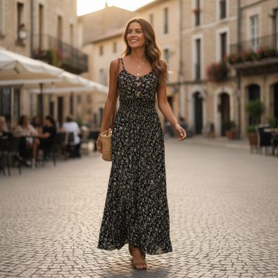 Rochie Dama, Lunga, Bretele, Floricele, Negru