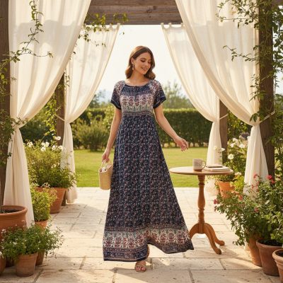 Rochie Dama, Lunga, Imprimeu Floral, Bleumarin