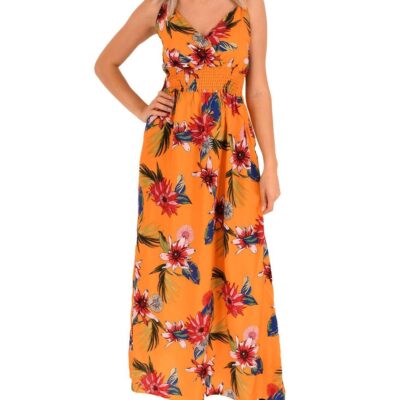 Rochie Dama, Lunga, Bretele, Imprimeu Floral, Galben