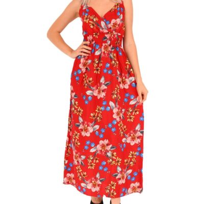 Rochie Dama, Lunga, Bretele, Imprimeu Floral, Rosu