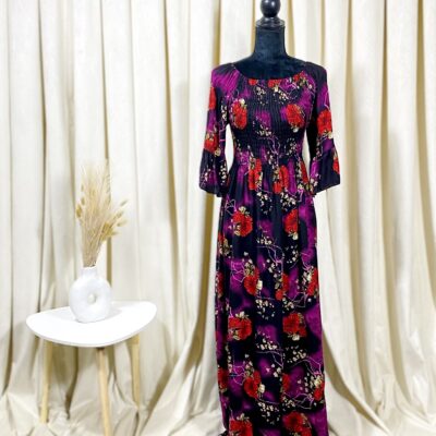 Rochie Dama, Lunga, Imprimeu Floral, Rosu/Mov