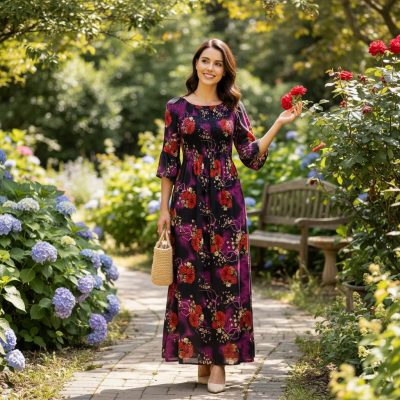 Rochie Dama, Lunga, Imprimeu Floral, Rosu/Mov