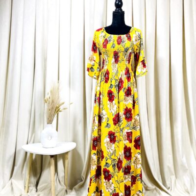 Rochie Dama, Lunga, Imprimeu Floral, Galben/Rosu