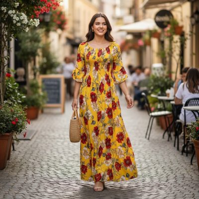 Rochie Dama, Lunga, Imprimeu Floral, Galben/Rosu