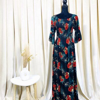 Rochie Dama, Lunga, Imprimeu Floral, Verde/Rosu
