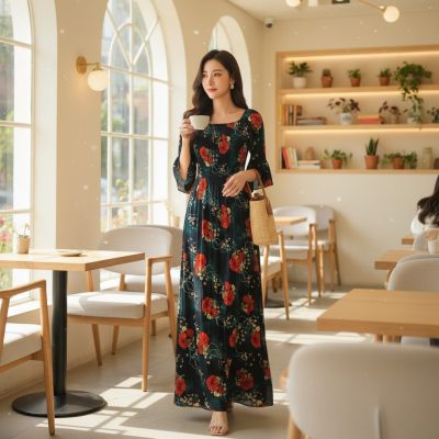 Rochie Dama, Lunga, Imprimeu Floral, Verde/Rosu