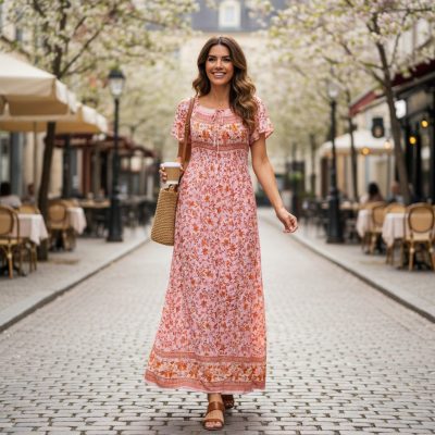Rochie Dama, Lunga, Imprimeu Floral, Roz