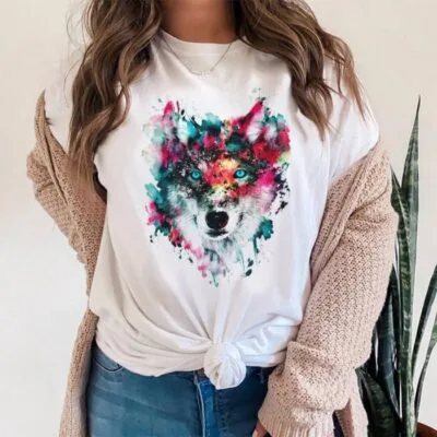 Tricou Femei, Bumbac, Painted Wolf, Alb