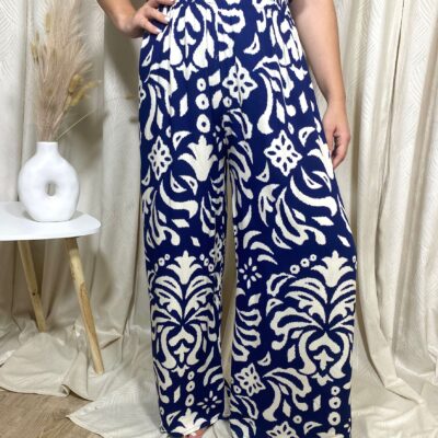 Pantaloni de Vara, Vaporosi, Largi, Alb/Bleumarin