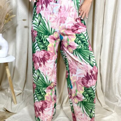 Pantaloni Largi de Primavara-Vara, Roz/Verde