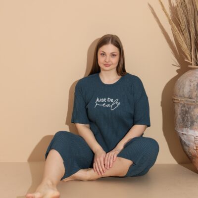 Pijama Femei, Trei Sferturi, Bumbac, Just Be Real, Marime Mare, Albastru Nautilius