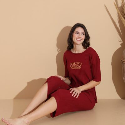 Pijama Femei, Trei Sferturi, Bumbac, Cosy Love, Rosu Bordeaux