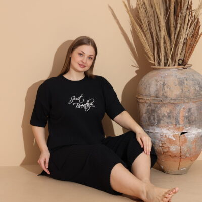 Pijama Femei, Trei Sferturi, Bumbac, Marime Mare, Negru