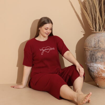 Pijama Femei, Trei Sferturi, Bumbac, BeYOUtiful, Marime Mare, Rosu Bordeaux