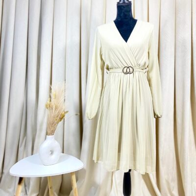 Rochie Dama, Midi, Plisata, Cordon in Talie, Crem