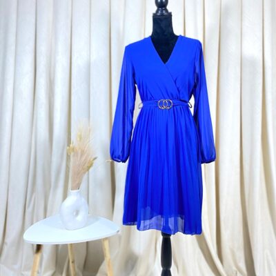 Rochie Dama, Midi, Plisata, Cordon in Talie, Albastru