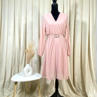 Rochie Dama, Midi, Plisata, Cordon in Talie, Roz Pudra