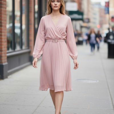 Rochie Dama, Midi, Plisata, Cordon in Talie, Roz Pudra