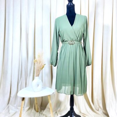 Rochie Dama, Midi, Plisata, Cordon in Talie, Kaki