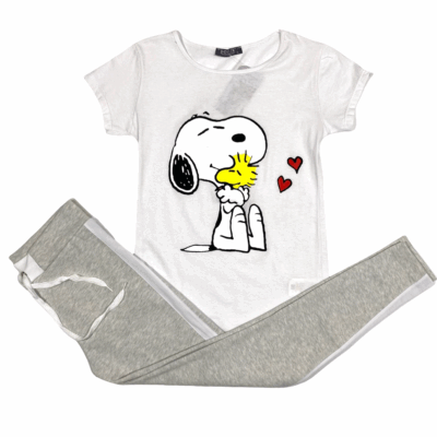 Compleu de Casa Femei, Tricou + Colanti, Alb/Gri