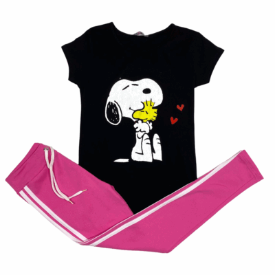 Compleu de Casa Femei, Tricou + Colanti, Negru/Roz