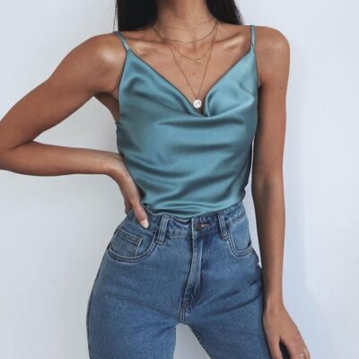 Top Satin, Bretele, Marime Universala, Lungime Medie, Turcoaz