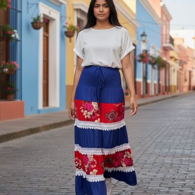 Fusta Vaporoasa, Insertii Dantela, Imprimeu Flori, Rosu/Albastru