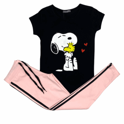 Compleu de Casa Femei, Tricou + Colanti, Negru/Roz Deschis