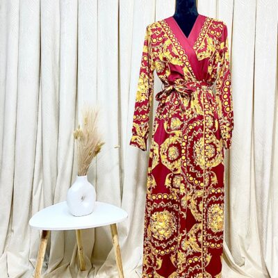 Rochie Dama, Lunga, Cordon in Talie, Visiniu/Galben